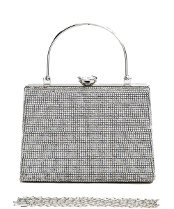 Full Stone Top Handle Convertible Box Clutch 136-K3777 SILVER